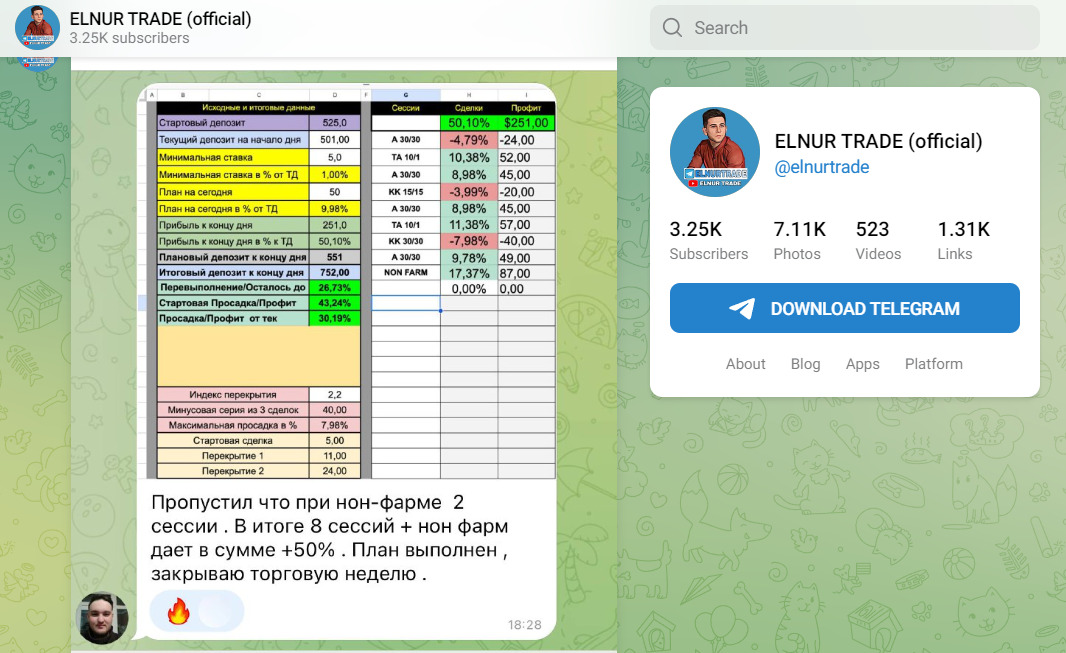 ТГ канал проекта ELNUR TRADE